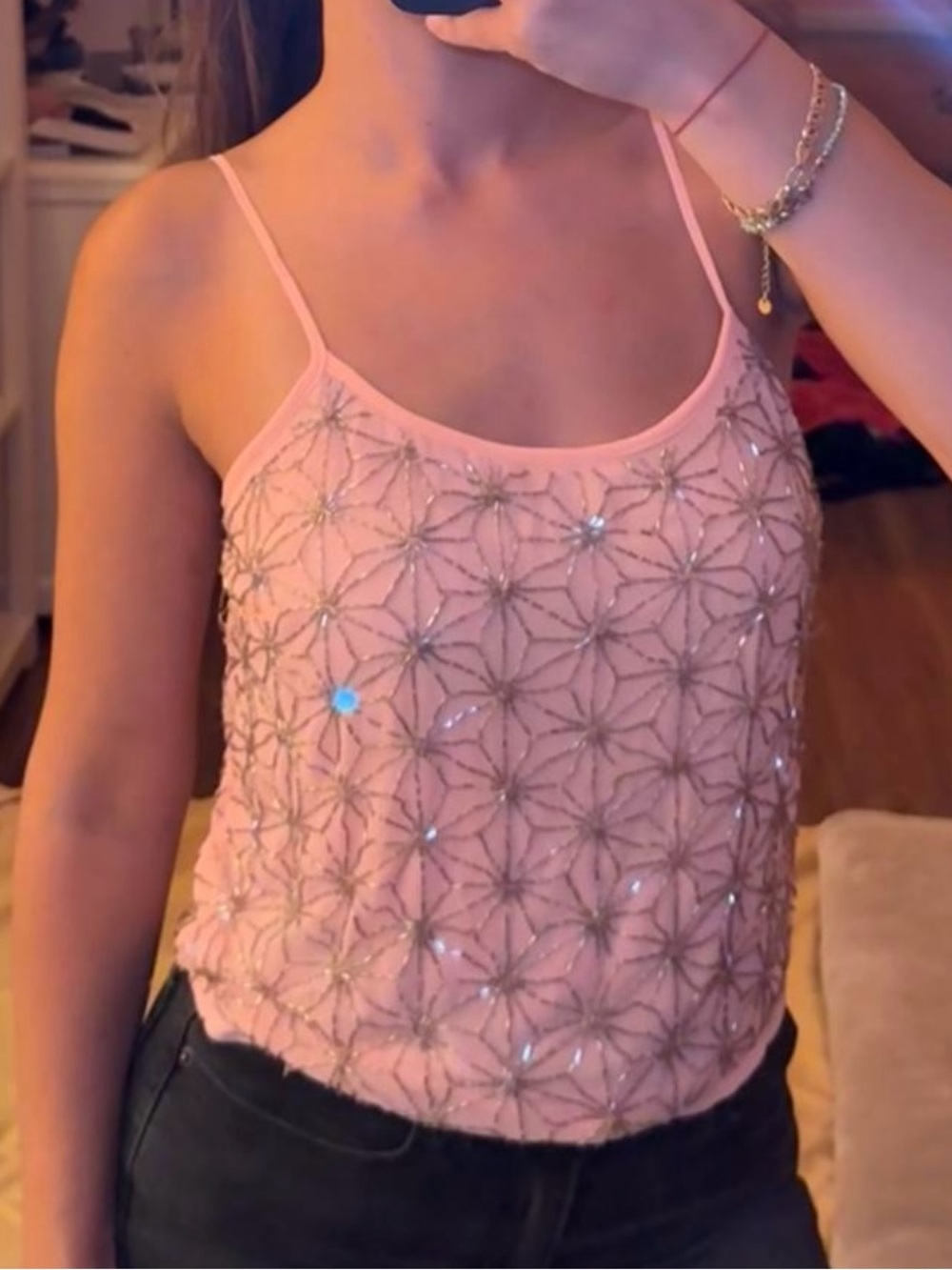 Beaded Pink Spaghetti-Strap Tank Top